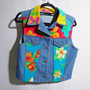 VTG 80s 90s Patchwork Denim Vest Floral Patches Bright Flowers USA Made Boho S
